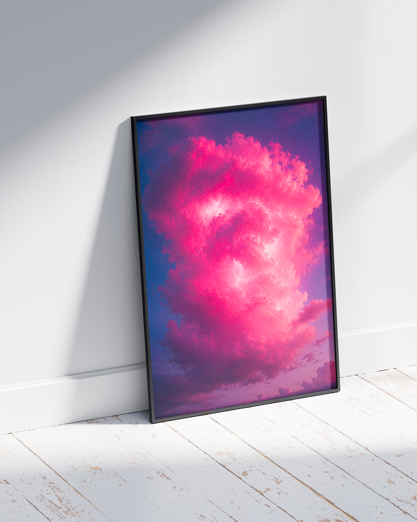 Electric pink cloud illuminated by lightning in a purple sky, digital artwork by Nales