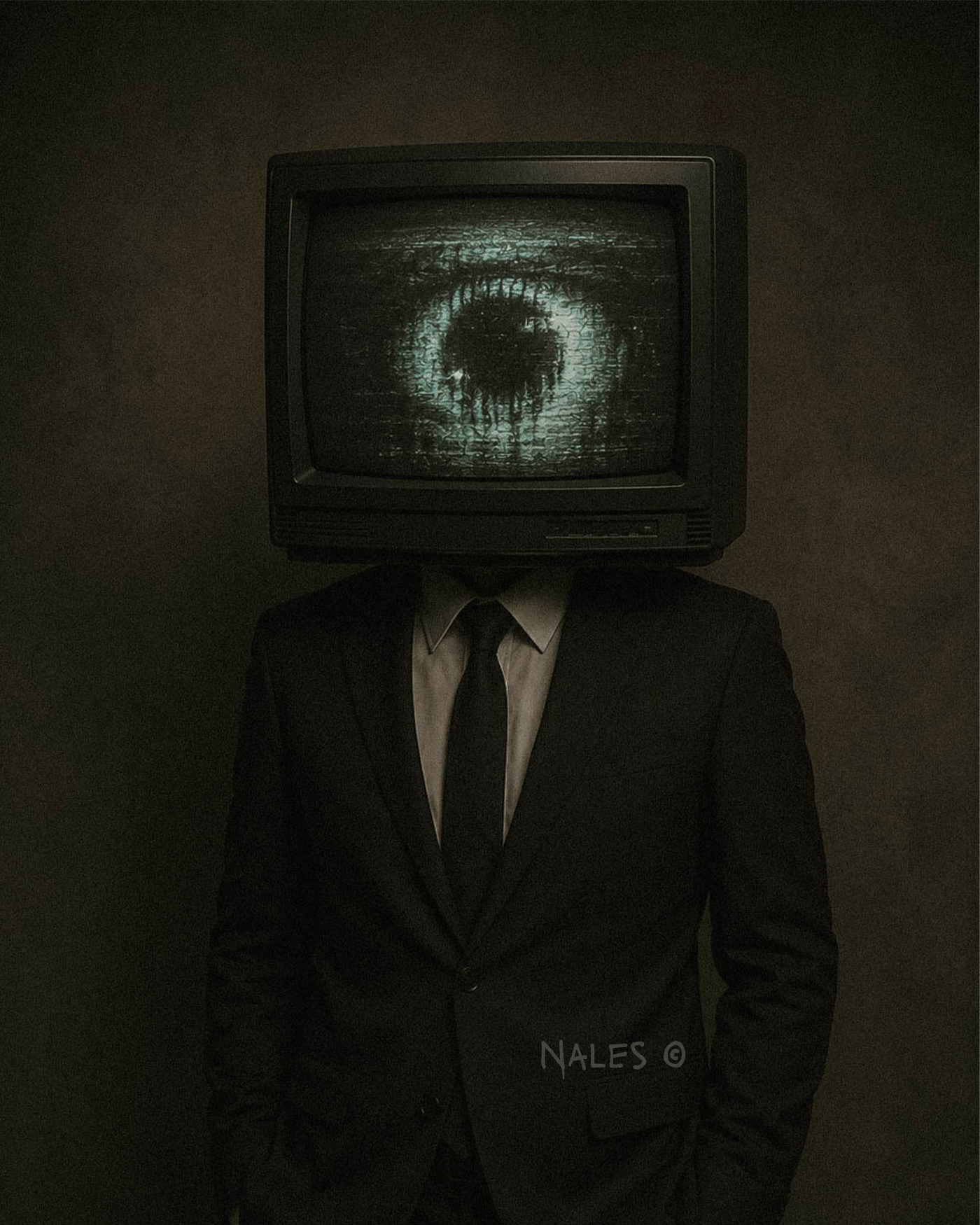 Surreal figure in a black suit with a vintage television for a head displaying a distorted human eye