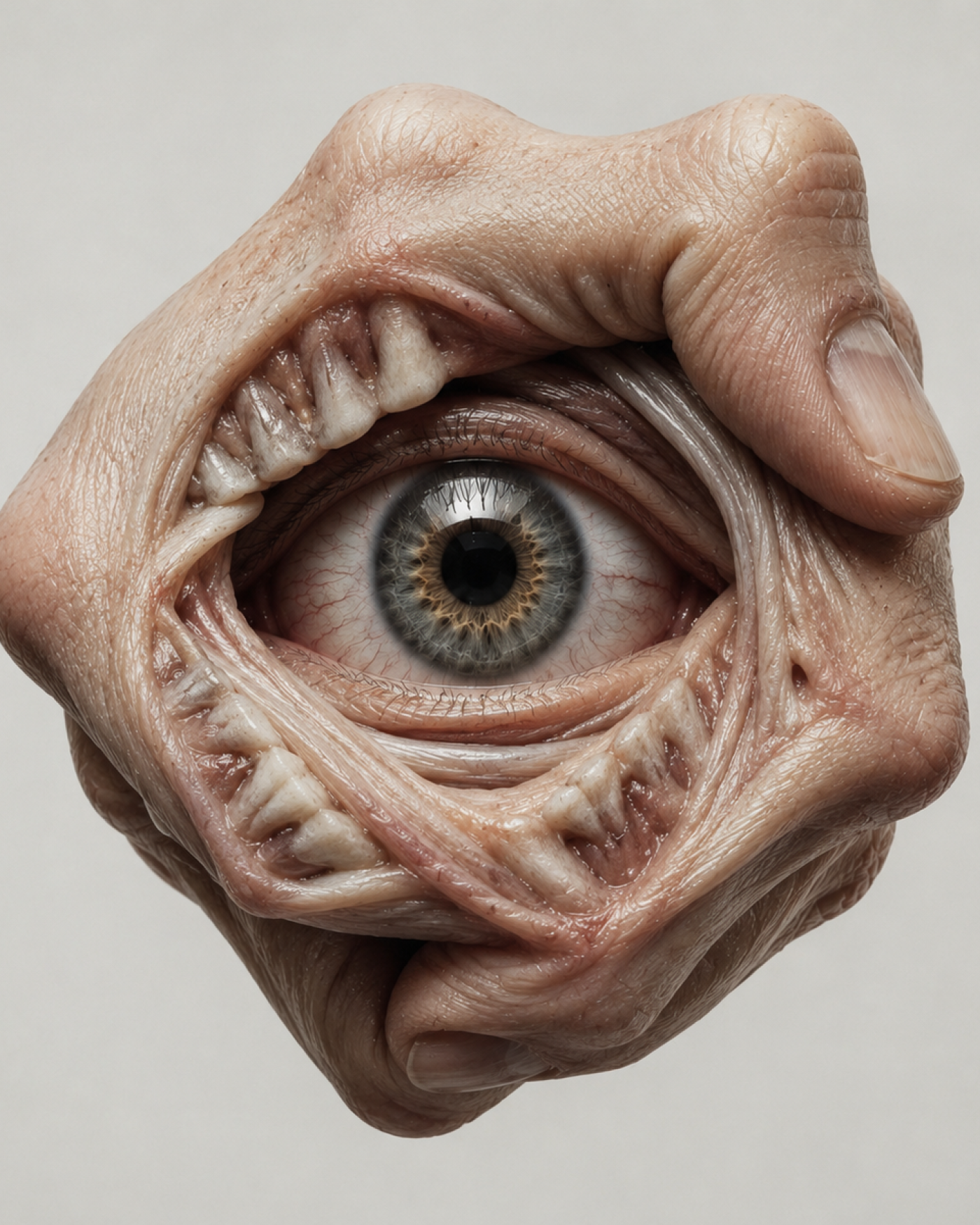 A realistic human eye surrounded by hands forming an organic structure with teeth, a surreal and biomechanical illustration.