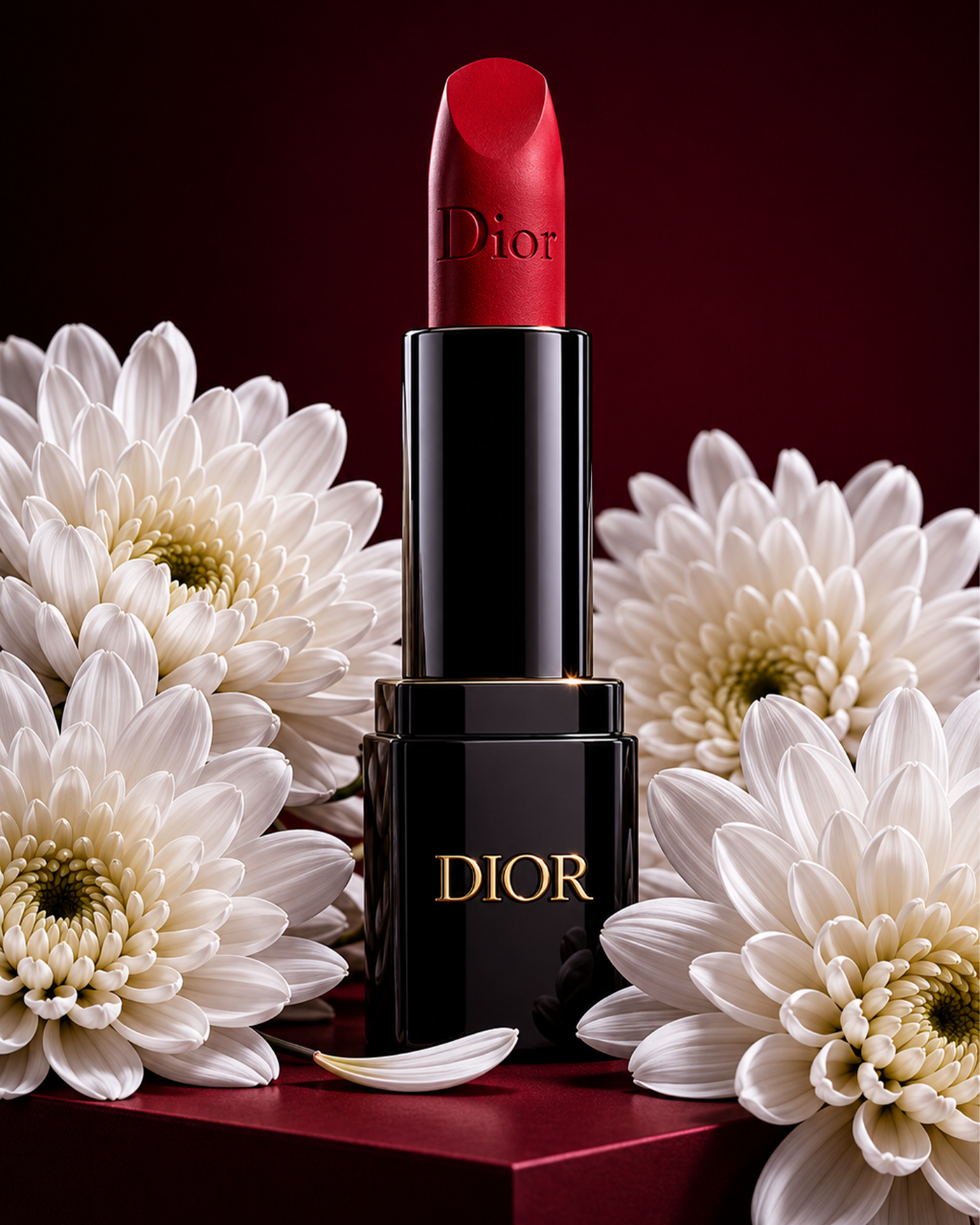 Dior Red Lipstick with White Flowers | Luxury Beauty Product Photography
