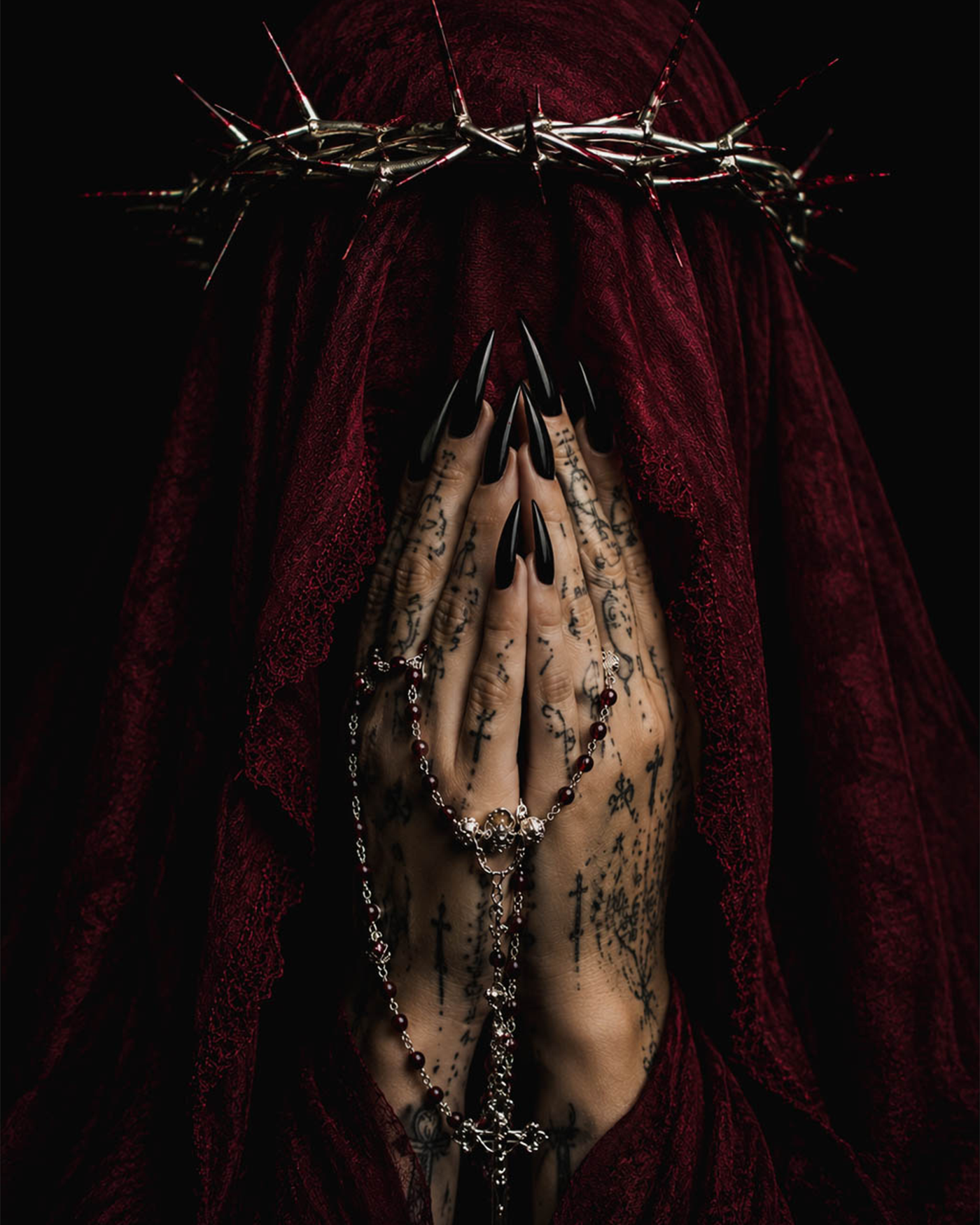 Gothic Veiled Figure with Thorn Crown | Dark Religious Fine Art Portrait