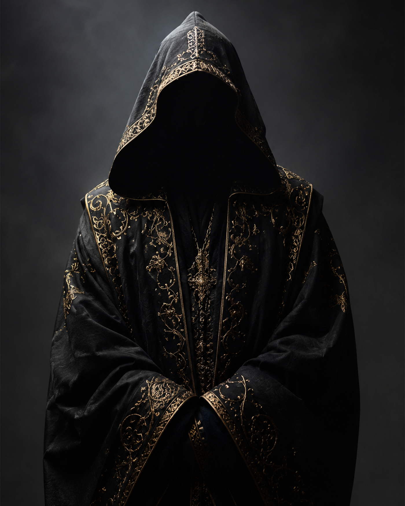 Mysterious Hooded Figure in Black and Gold Robe | Dark Fantasy Portrait