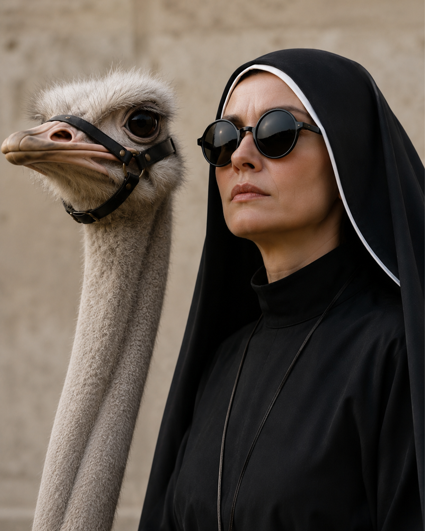 Surreal Nun and Ostrich Portrait in Black Sunglasses | Editorial Art Photography