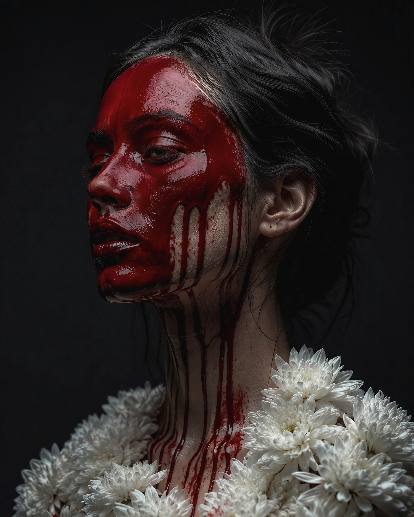 Surreal Red Portrait with White Flowers | Dark Conceptual Fine Art